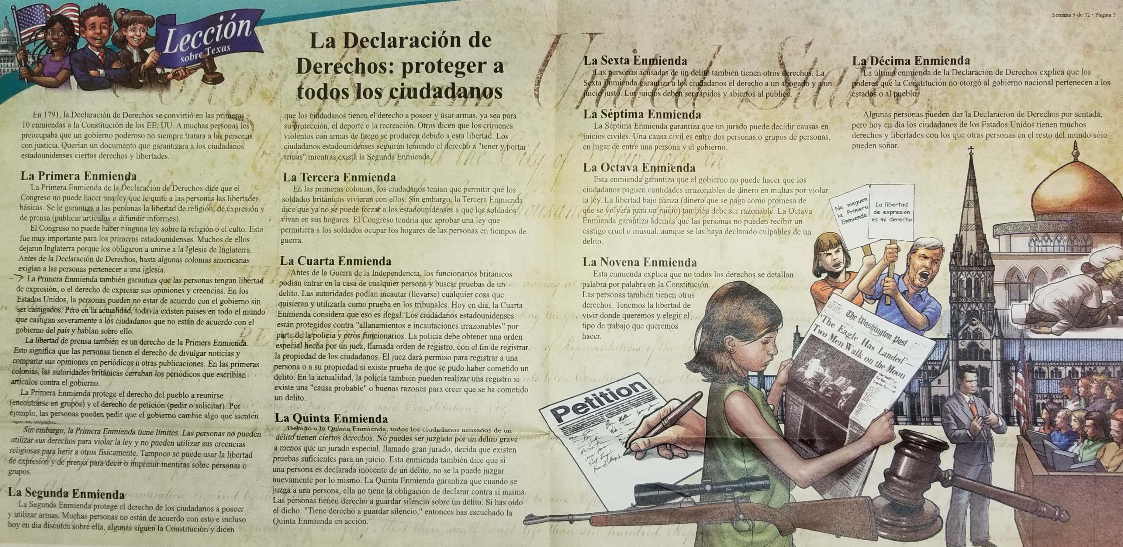 Spanish-language Weekly Reader pages discussing the Bill of Rights